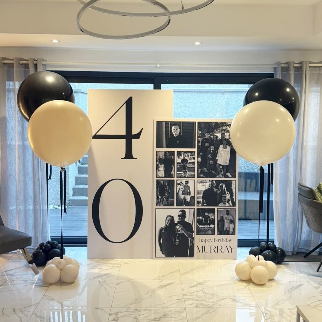 40th birthday party decoration with large number 40, photo collage, and balloons.