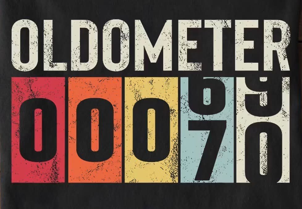 Black shirt design with OLDOMETER text and a colorful 70 age odometer display