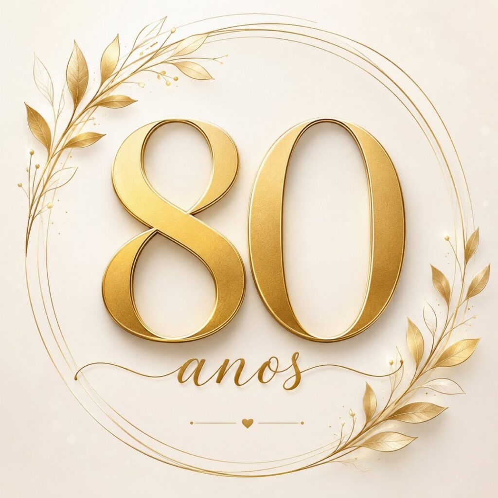 Gold number 80 and cursive text anos inside a golden floral wreath.