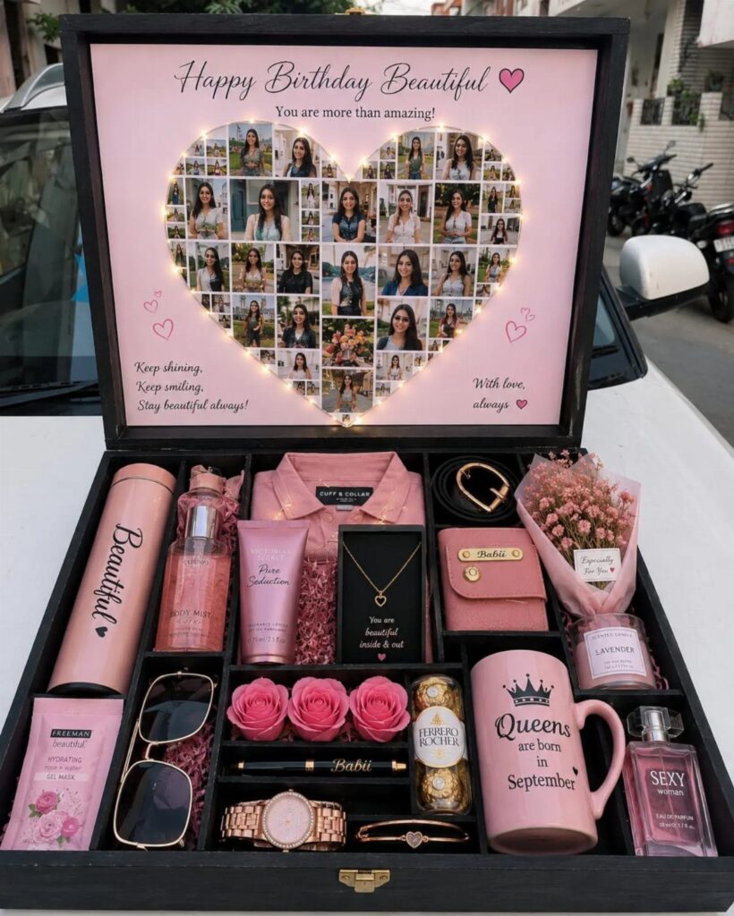 Pink themed birthday gift box with jewelry, cosmetics, and a heart photo collage.