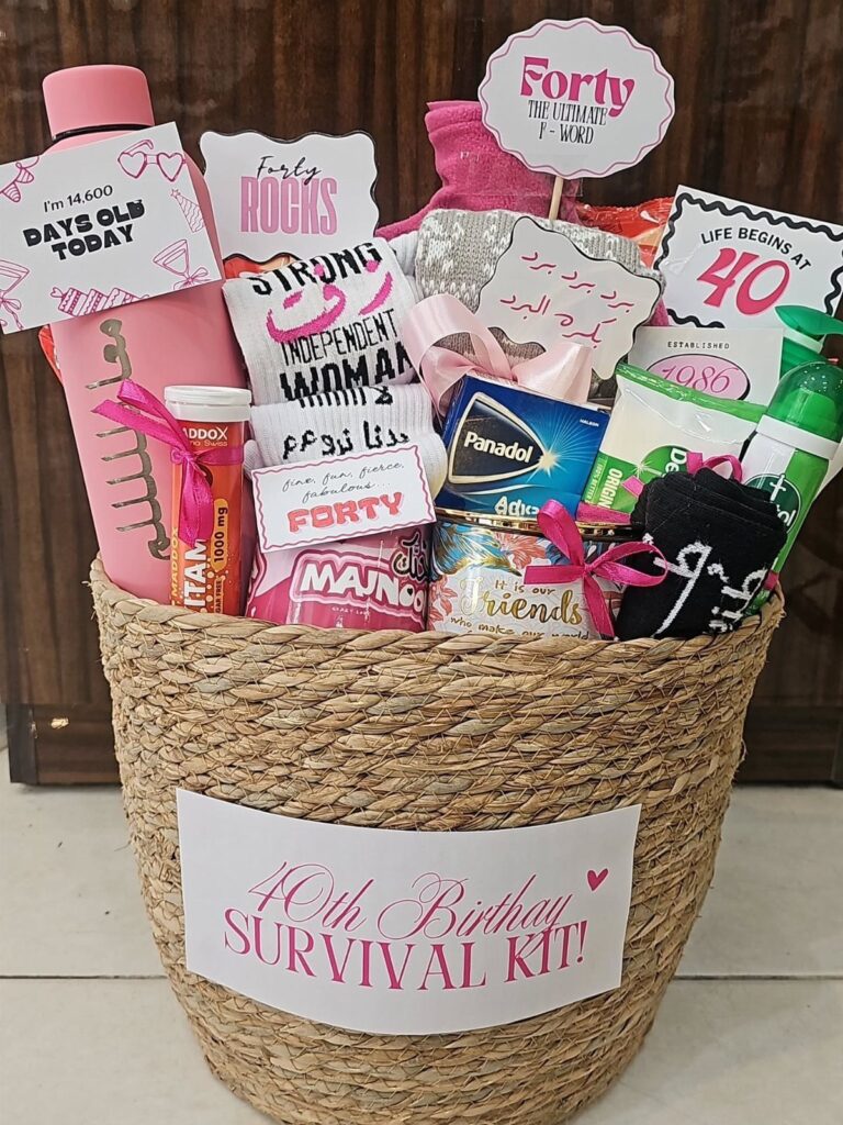 Woven basket filled with birthday gifts and a 40th Birthday Survival Kit label.