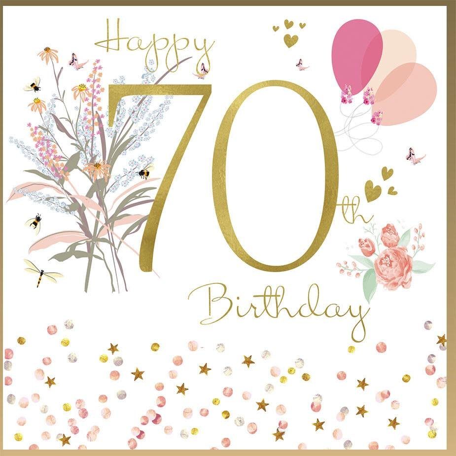 Birthday card with gold 70, pink balloons, flowers, and gold confetti on white.