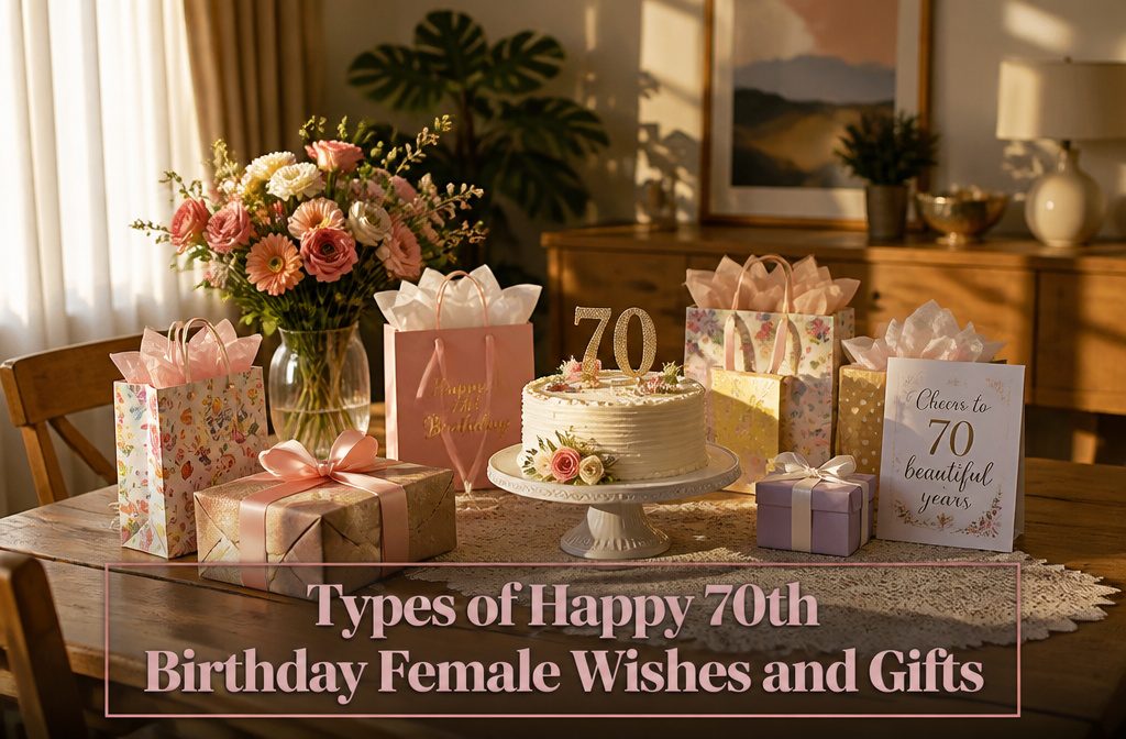 A festive birthday scene with decorations and a cake for a 70th birthday celebration.