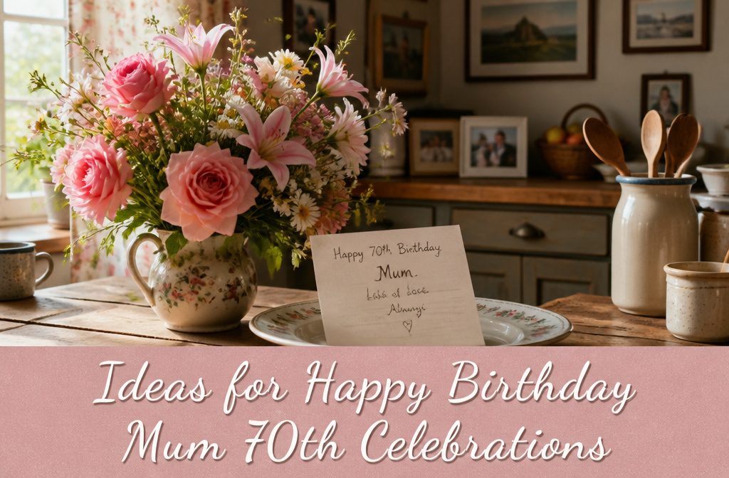 A festive gathering for a 70th birthday party with decorations and guests.