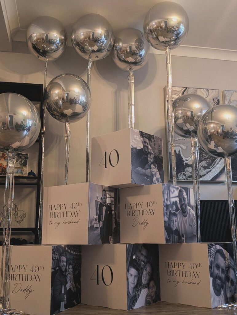 Personalized 40th birthday gift boxes with photos and floating silver metallic balloons.